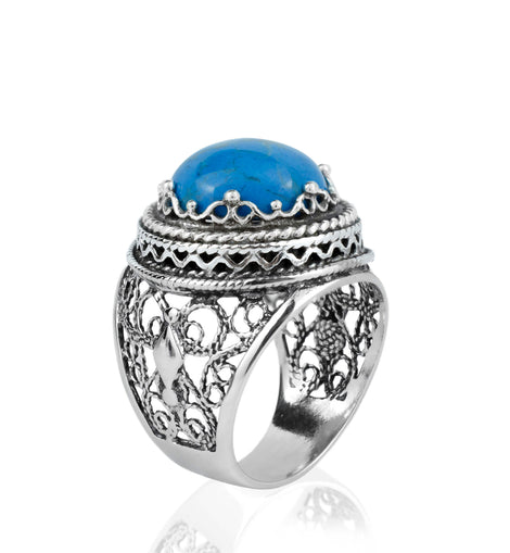 Filigree Art Turquoise Gemstone Women Silver Bold Ring