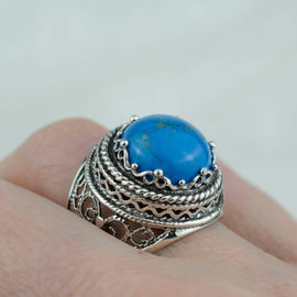 Filigree Art Turquoise Gemstone Women Silver Bold Ring