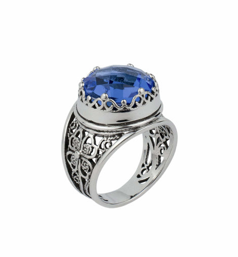 Filigree Art Blue Quartz Gemstone Women Crown Silver Statement Ring