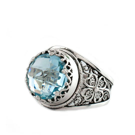 Filigree Art Blue Topaz Gemstone Women Crown Silver Statement Ring