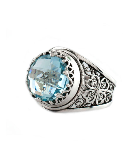 Filigree Art Blue Topaz Gemstone Women Crown Silver Statement Ring