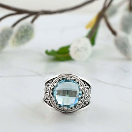 Filigree Art Blue Topaz Gemstone Women Crown Silver Statement Ring