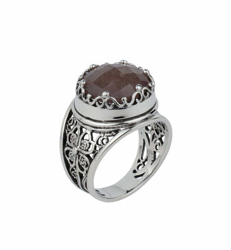 Filigree Art Cherry Quartz Gemstone Women Crown Silver Statement Ring