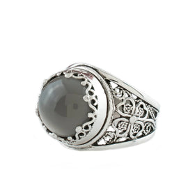 Filigree Art Gray Moonstone Gemstone Women Crown Silver Statement Ring