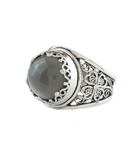 Filigree Art Gray Moonstone Gemstone Women Crown Silver Statement Ring