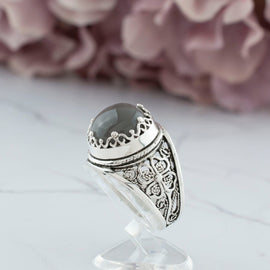 Filigree Art Gray Moonstone Gemstone Women Crown Silver Statement Ring