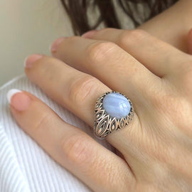 Filigree Art Blue Lace Agate Gemstone Women Silver Statement Ring