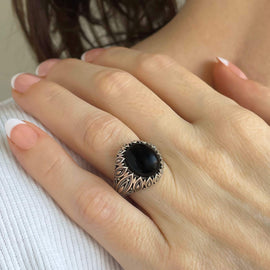 Filigree Art Black Onyx Gemstone Women Silver Statement Ring