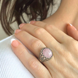 Filigree Art Rose Quartz Gemstone Women Silver Statement Ring