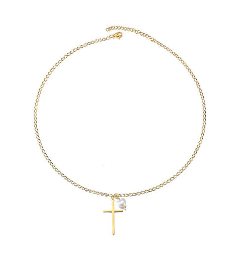 Cross with Love-shaped Pearl Pendant Necklace