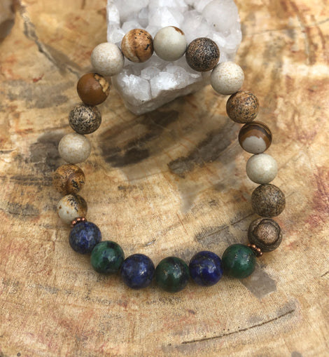 Malachite Chrysocolla & Picture Jasper Stretch Bracelet! Natural Gems!