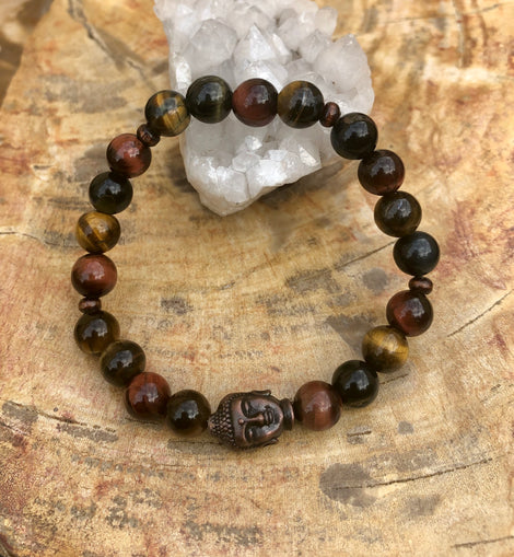 Multi Tiger Eye & Buddha Gemstone Stretch Bracelet!