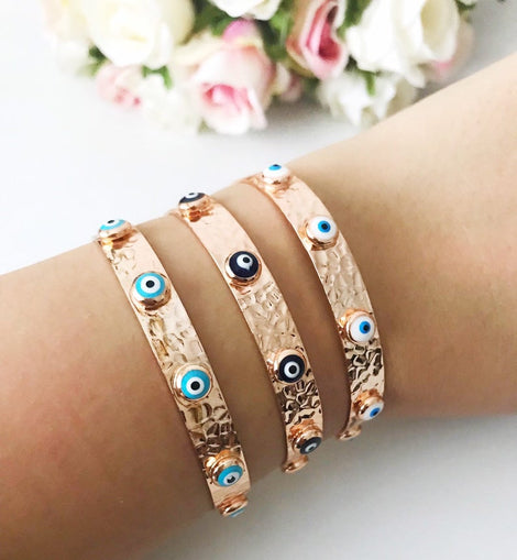 Bangle Bracelet, Evil Eye Bracelet, Rose Gold Silver Bracelet