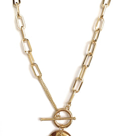 Large Link Necklace Gold Plated with Simulated Pearl