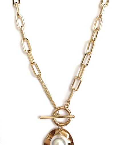 Large Link Necklace Gold Plated with Simulated Pearl