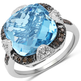 8.29 Carat Genuine Swiss Blue Topaz, Champagne Diamond and White